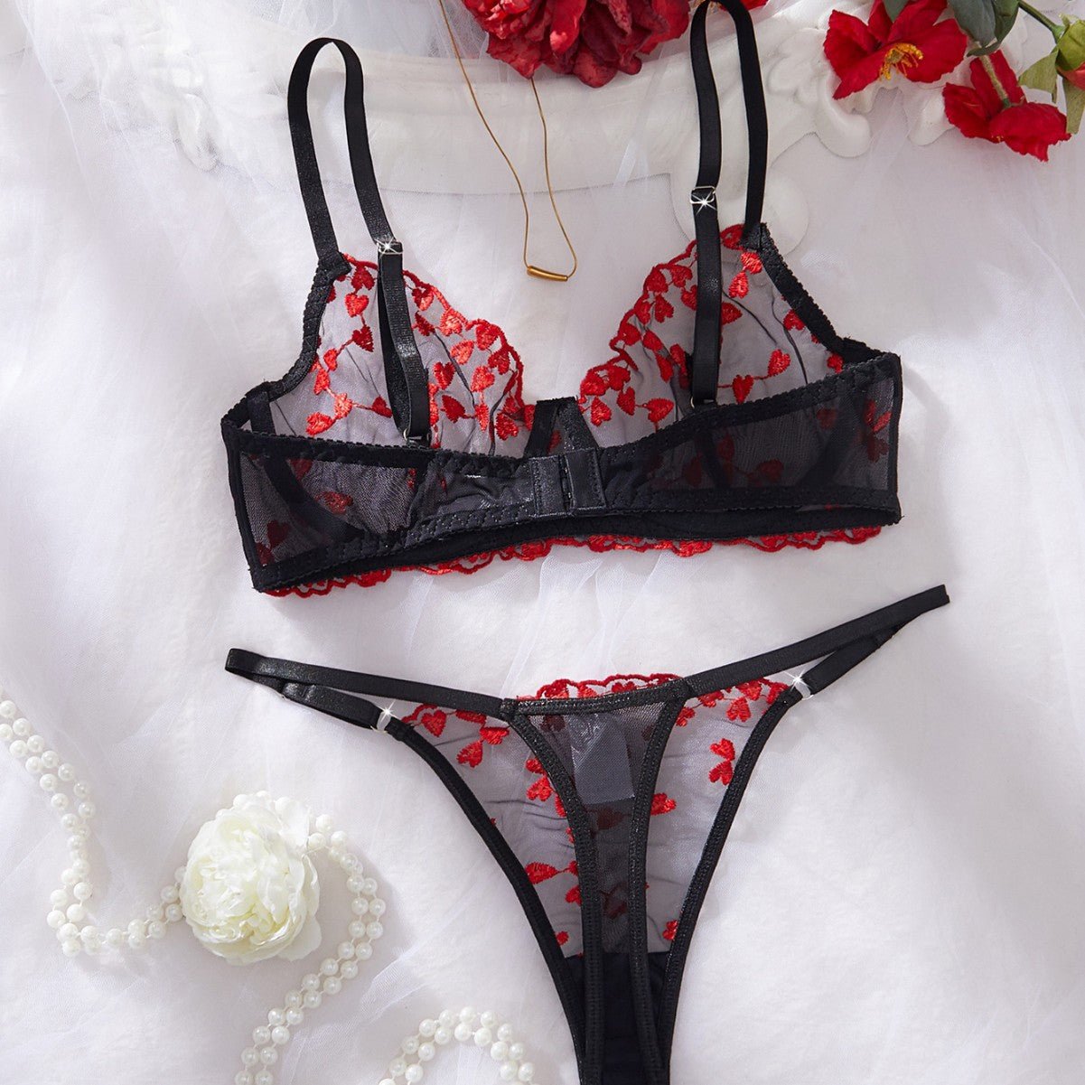 Women Mesh Heart Print Embroidered Panty Lingerie Two - Piece Set - BamBam