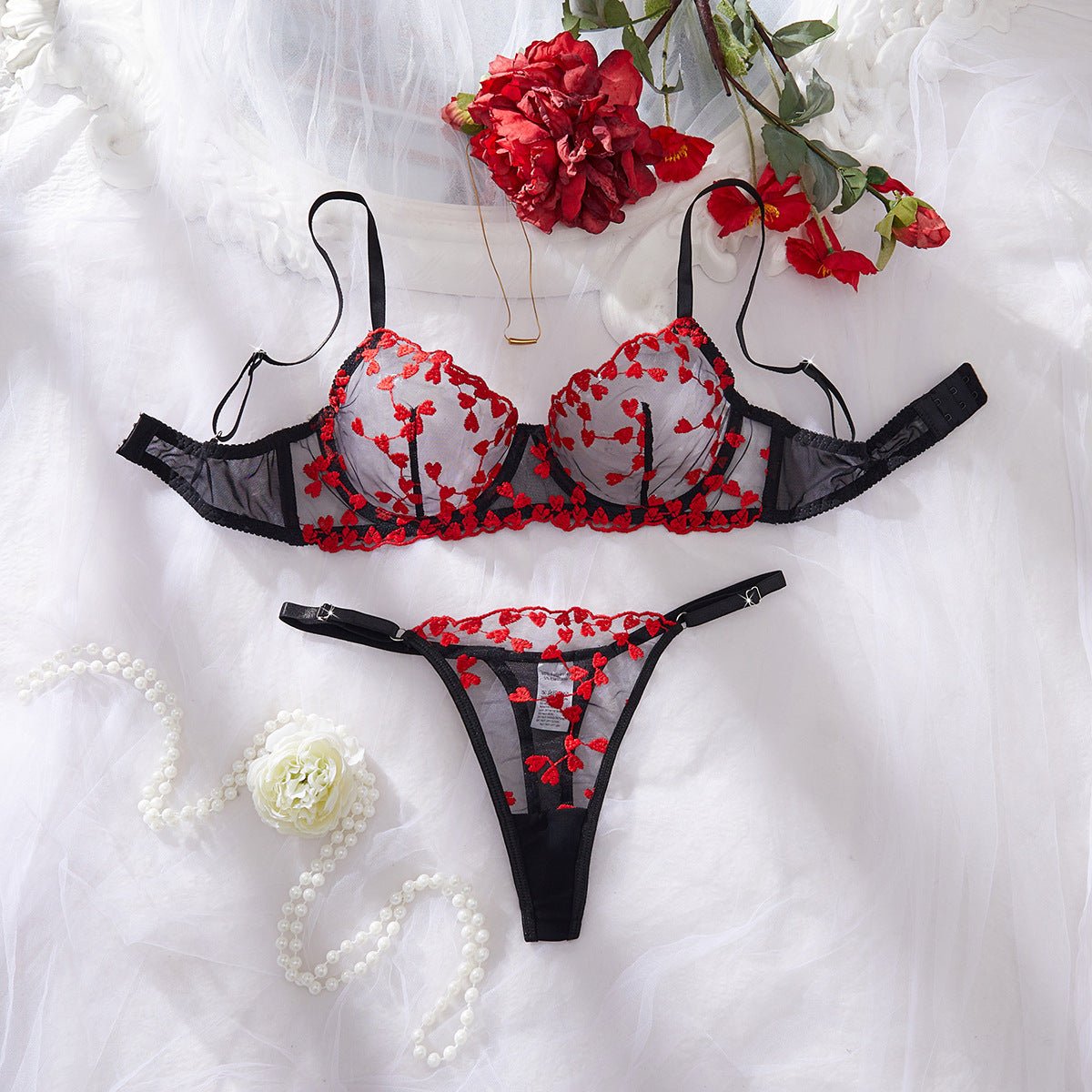 Women Mesh Heart Print Embroidered Panty Lingerie Two - Piece Set - BamBam