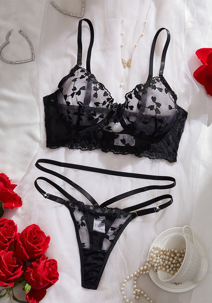 Women Mesh Heart Print Embroidered See - Through Lace - Up Briefs Sexy Lingerie - BamBam