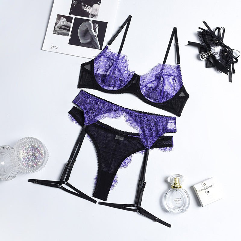 Women Mesh See - Through Patchwork Contrast Crossover Sexy Garter Lingerie Four - Piece Set - BamBam