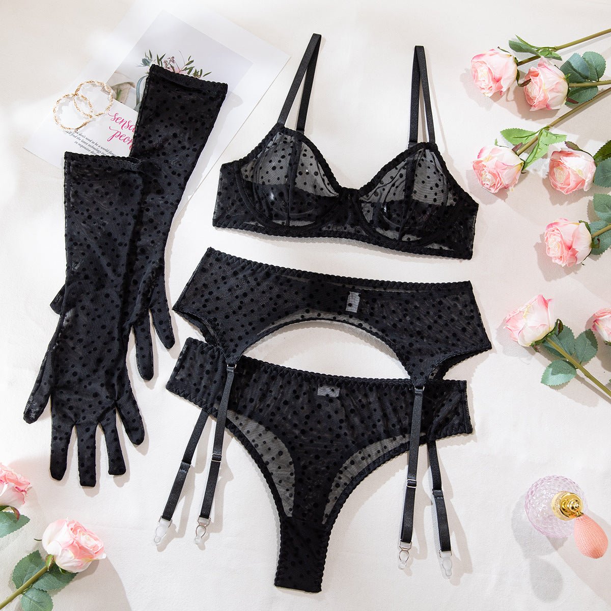 Women polka dot flocked gloves Sexy lingerie set - BamBam