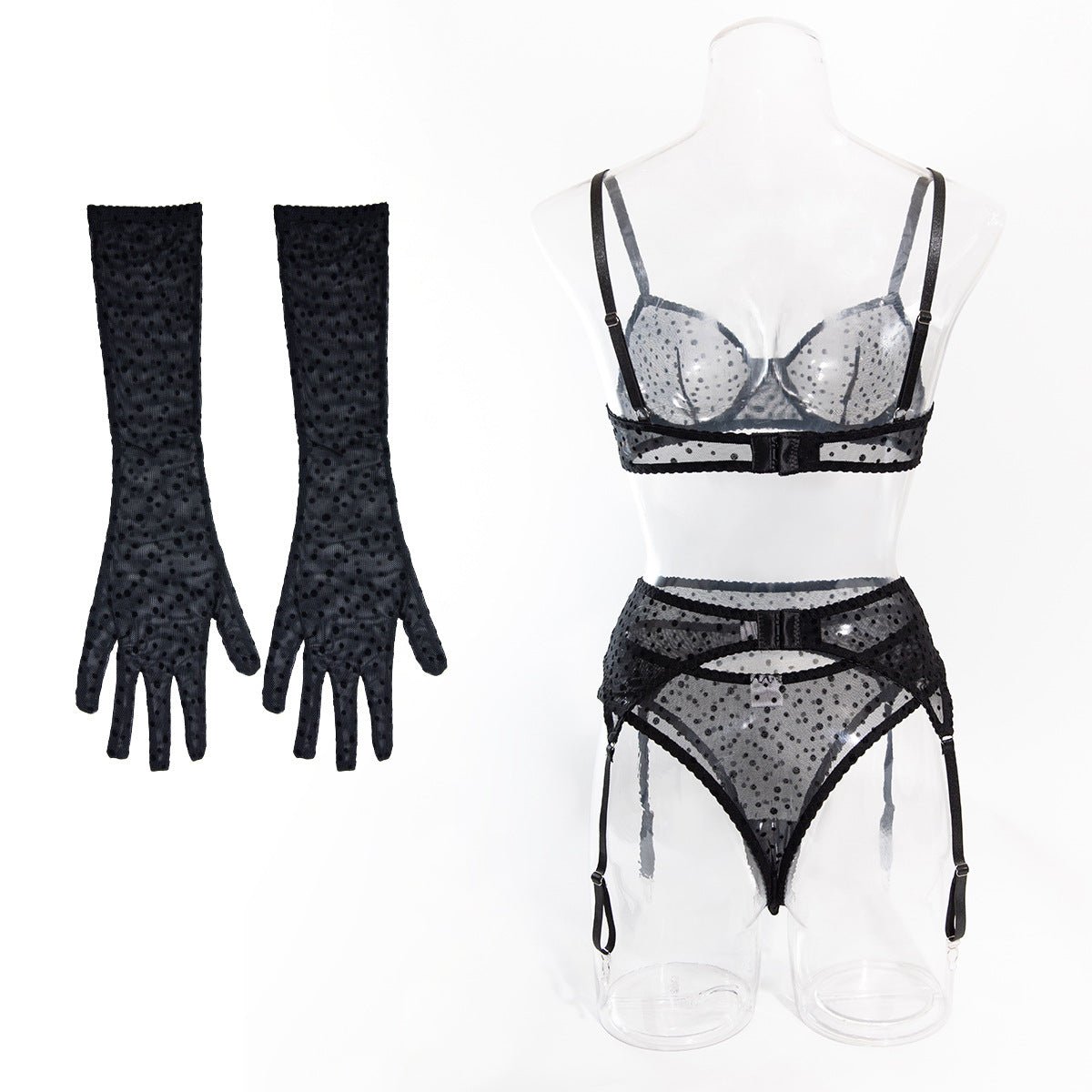 Women polka dot flocked gloves Sexy lingerie set - BamBam