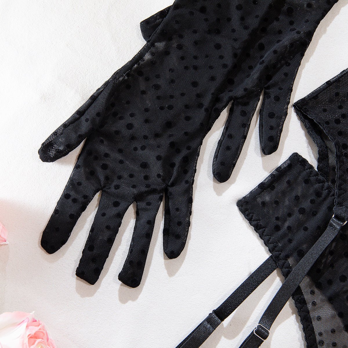 Women polka dot flocked gloves Sexy lingerie set - BamBam