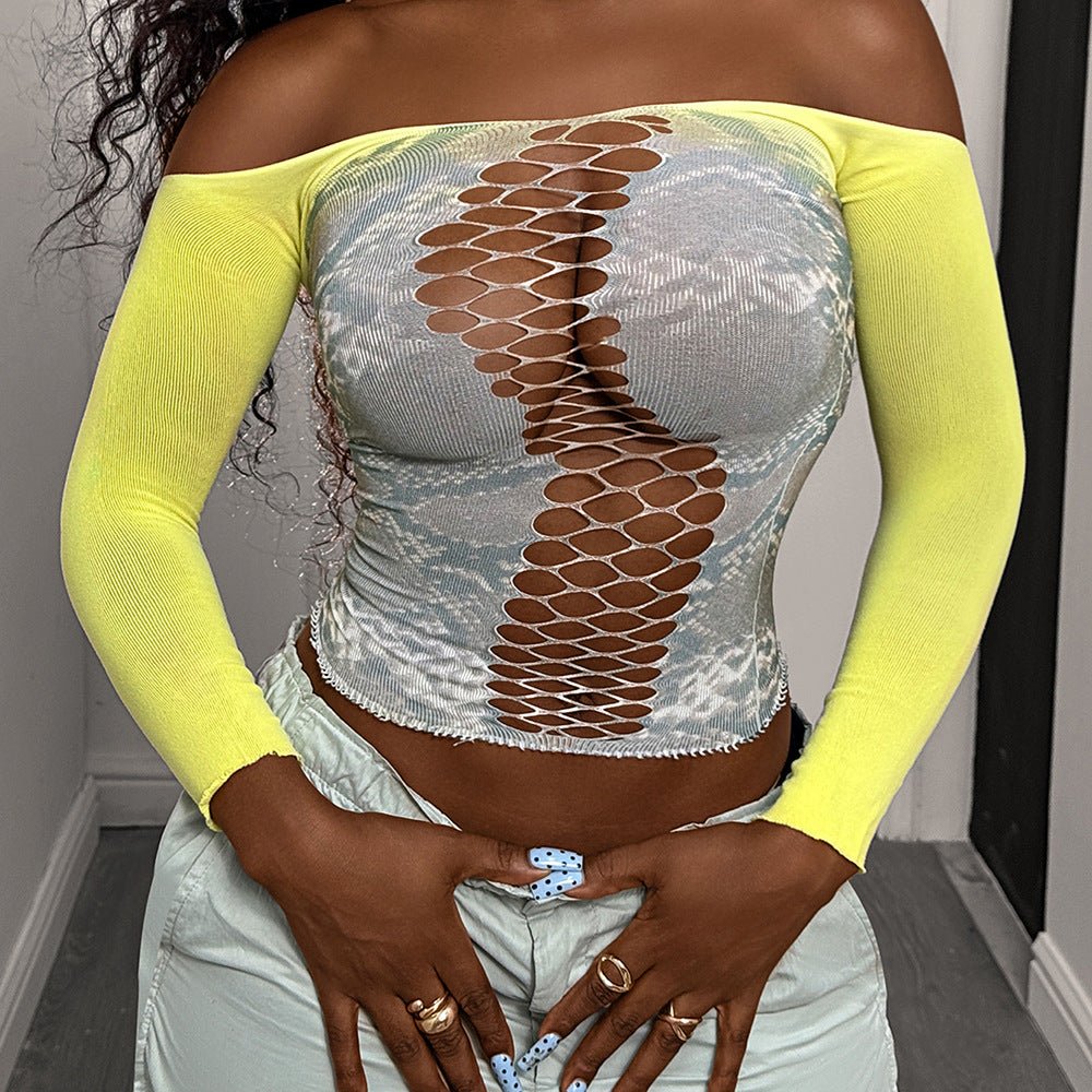 Women Printed Yellow - Gray Cutout Sexy Long - Sleeved Mesh Sexy Lingerie - BamBam
