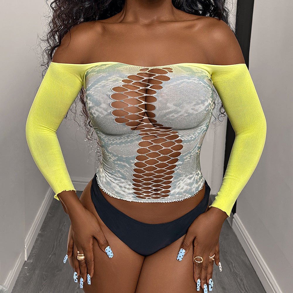 Women Printed Yellow - Gray Cutout Sexy Long - Sleeved Mesh Sexy Lingerie - BamBam