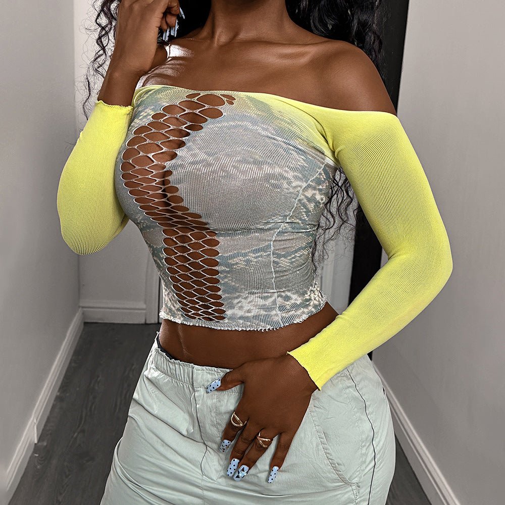 Women Printed Yellow - Gray Cutout Sexy Long - Sleeved Mesh Sexy Lingerie - BamBam