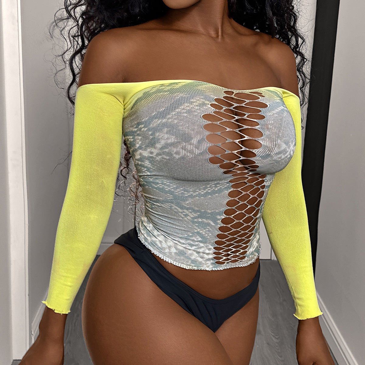 Women Printed Yellow - Gray Cutout Sexy Long - Sleeved Mesh Sexy Lingerie - BamBam