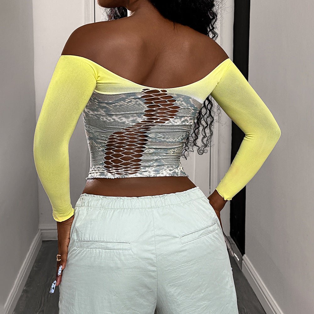 Women Printed Yellow - Gray Cutout Sexy Long - Sleeved Mesh Sexy Lingerie - BamBam