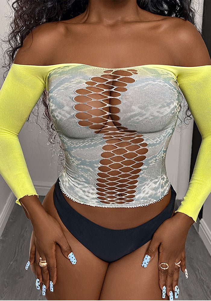 Women Printed Yellow - Gray Cutout Sexy Long - Sleeved Mesh Sexy Lingerie - BamBam