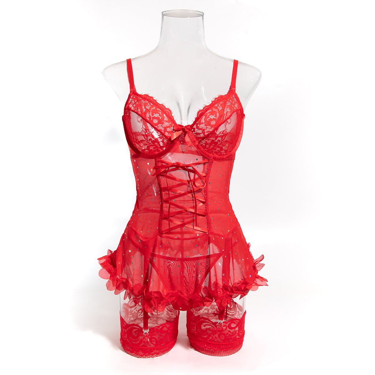 Women Red Beaded Sequin Patchwork Floral Lace - Up See - Through Lingerie Set - BamBam