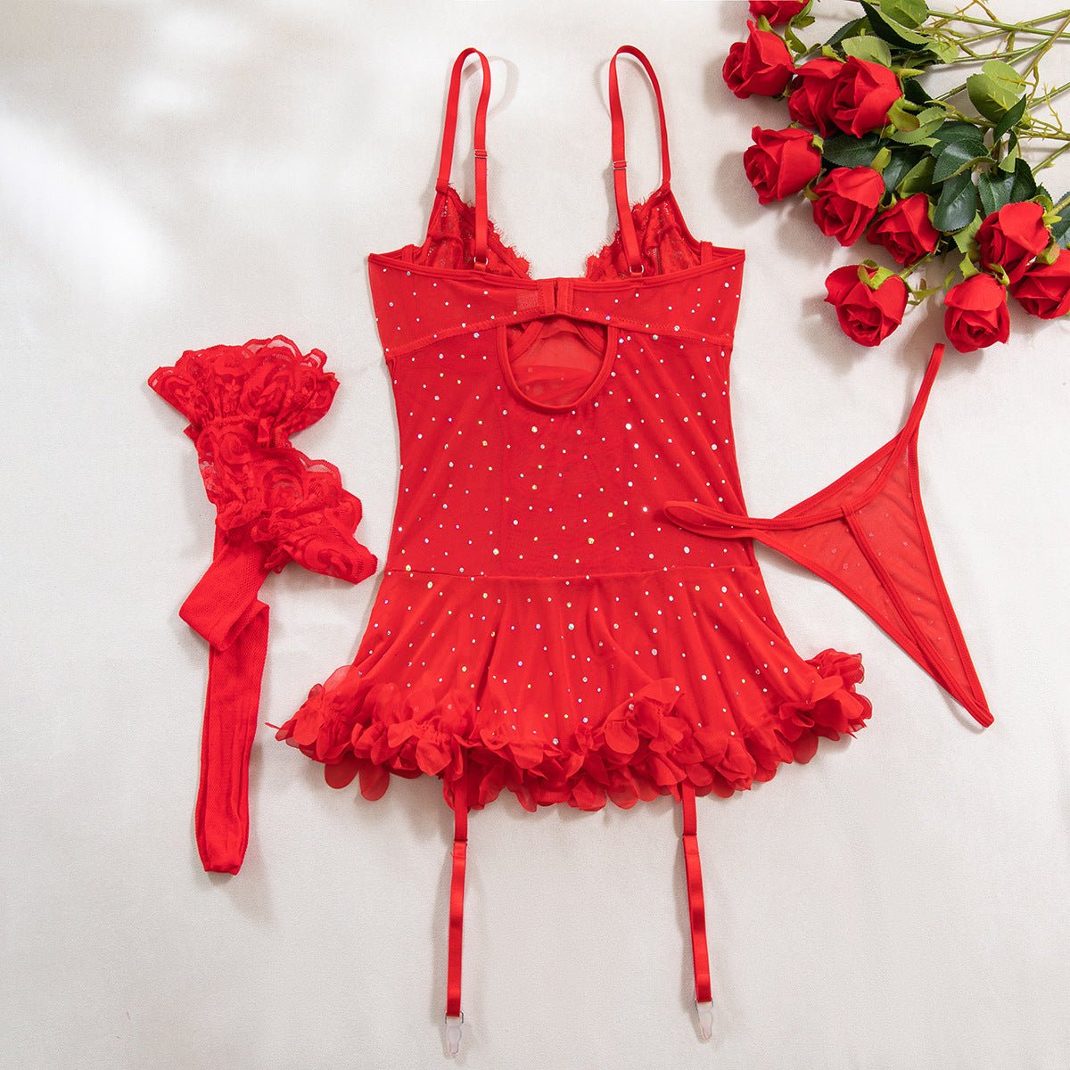 Women Red Beaded Sequin Patchwork Floral Lace - Up See - Through Lingerie Set - BamBam