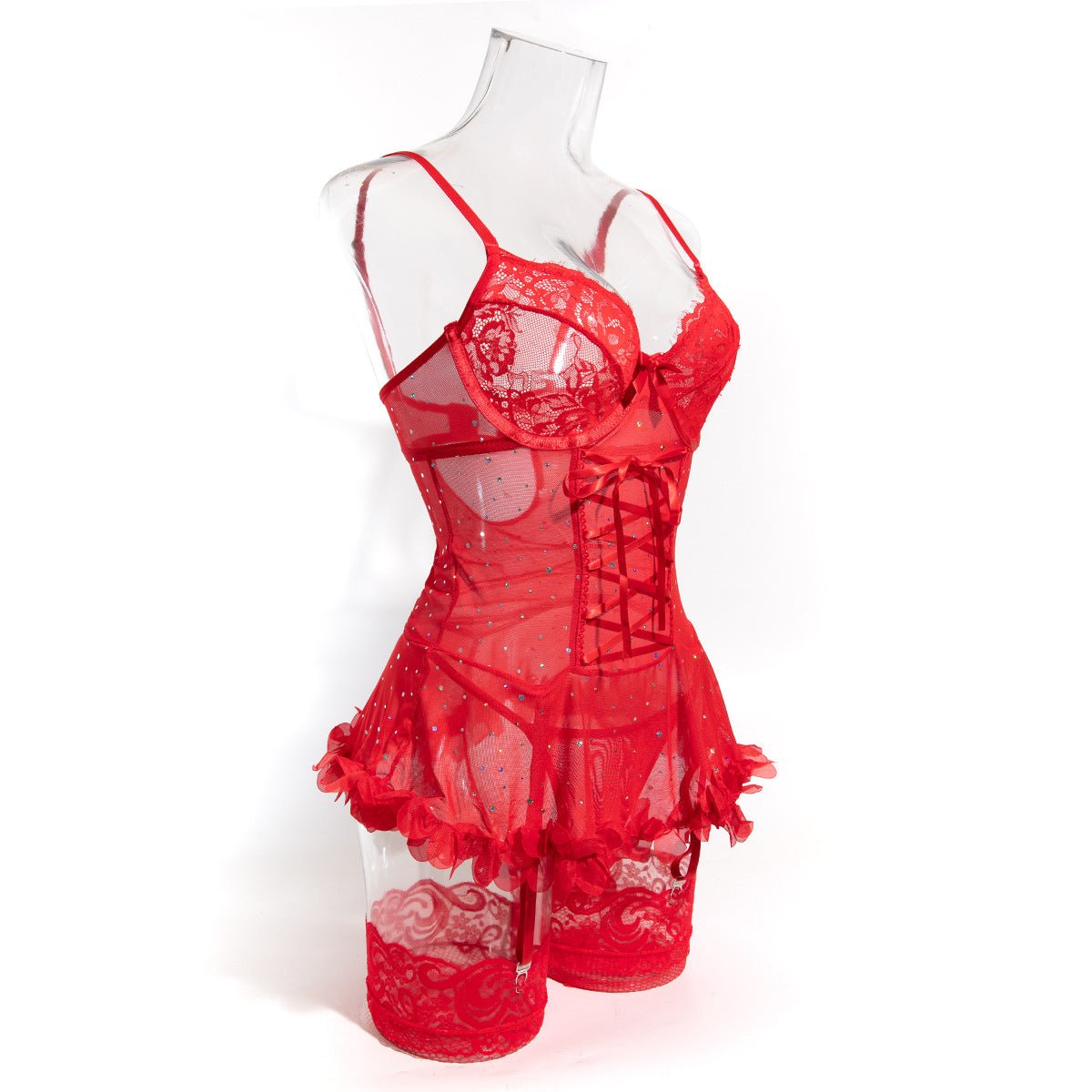 Women Red Beaded Sequin Patchwork Floral Lace - Up See - Through Lingerie Set - BamBam
