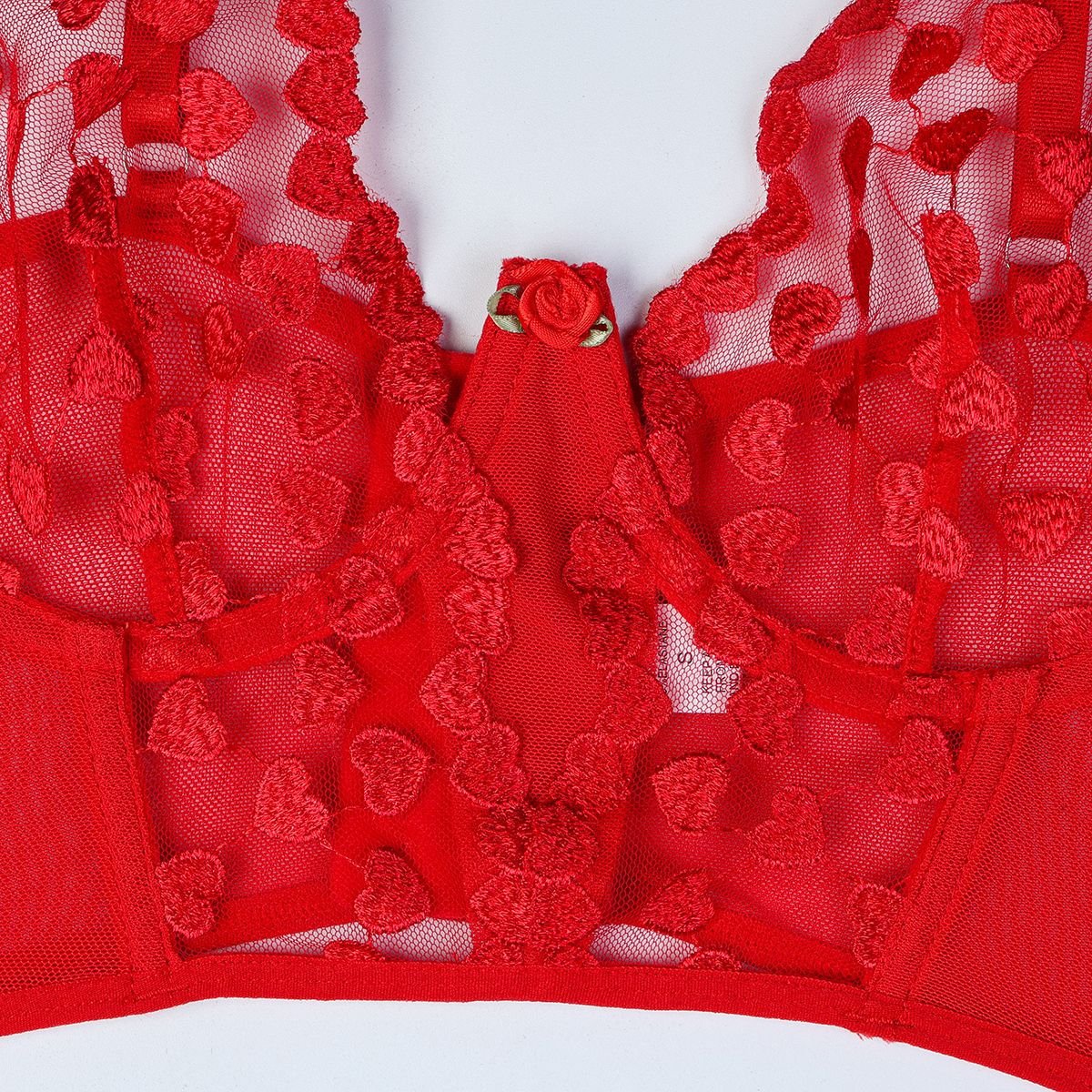 Women Red Heart Print Embroidered Rose Flower Sexy Lingerie Set - BamBam