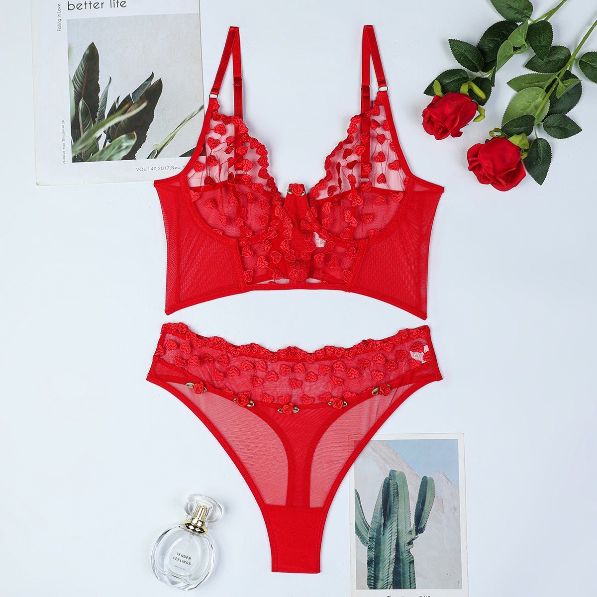 Women Red Heart Print Embroidered Rose Flower Sexy Lingerie Set - BamBam