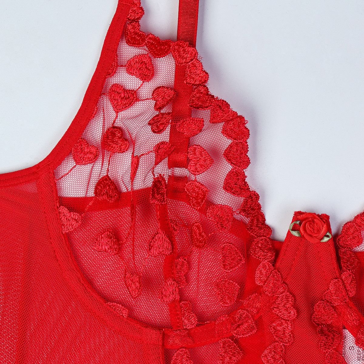 Women Red Heart Print Embroidered Rose Flower Sexy Lingerie Set - BamBam