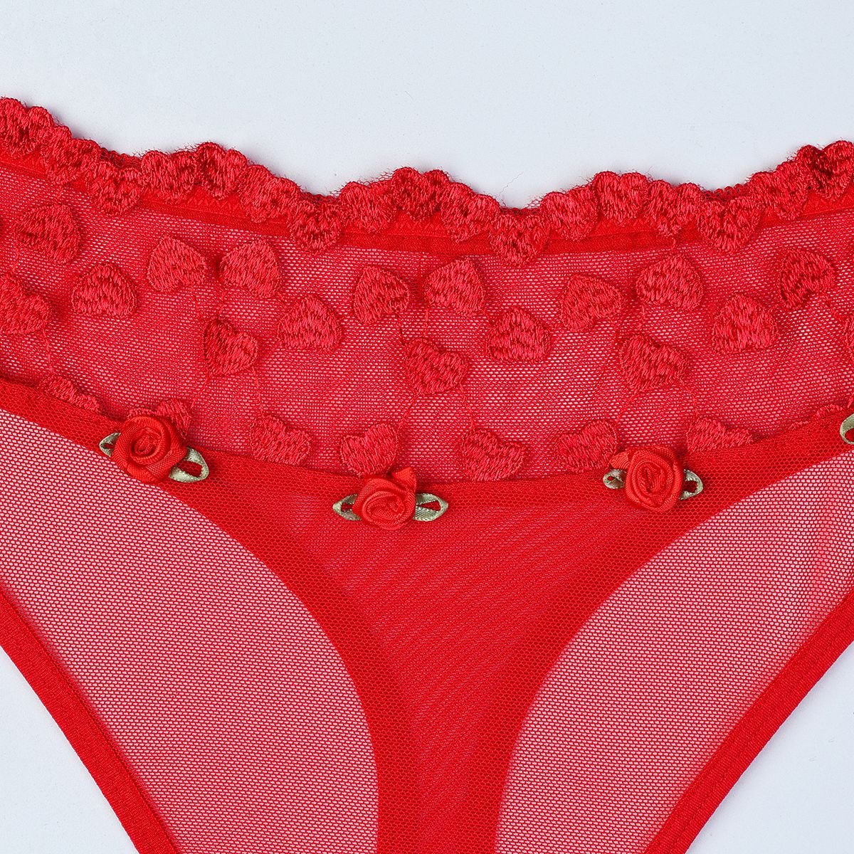 Women Red Heart Print Embroidered Rose Flower Sexy Lingerie Set - BamBam