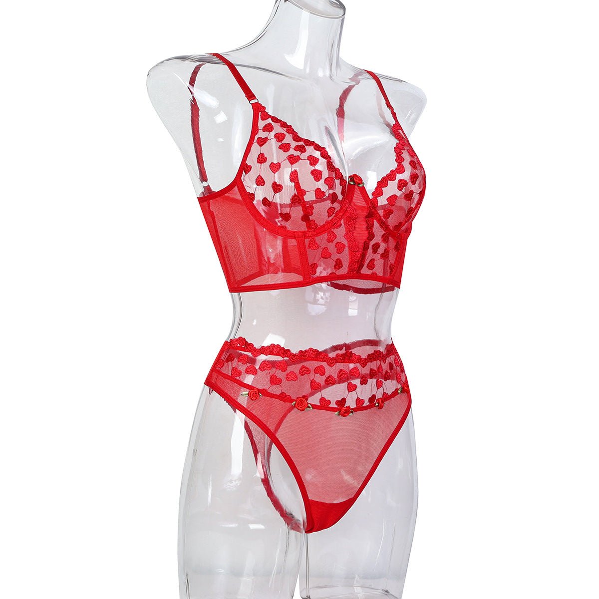 Women Red Heart Print Embroidered Rose Flower Sexy Lingerie Set - BamBam