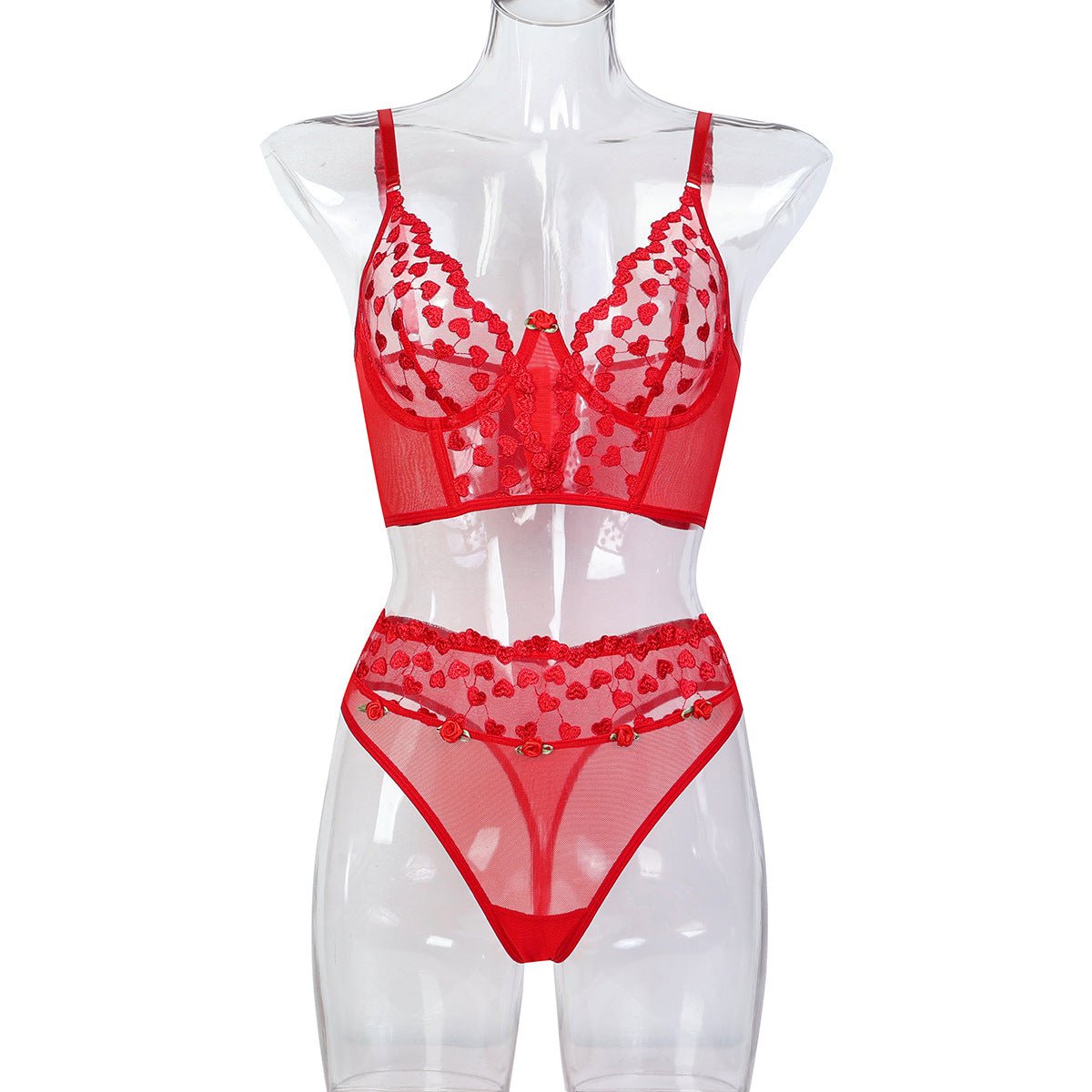 Women Red Heart Print Embroidered Rose Flower Sexy Lingerie Set - BamBam