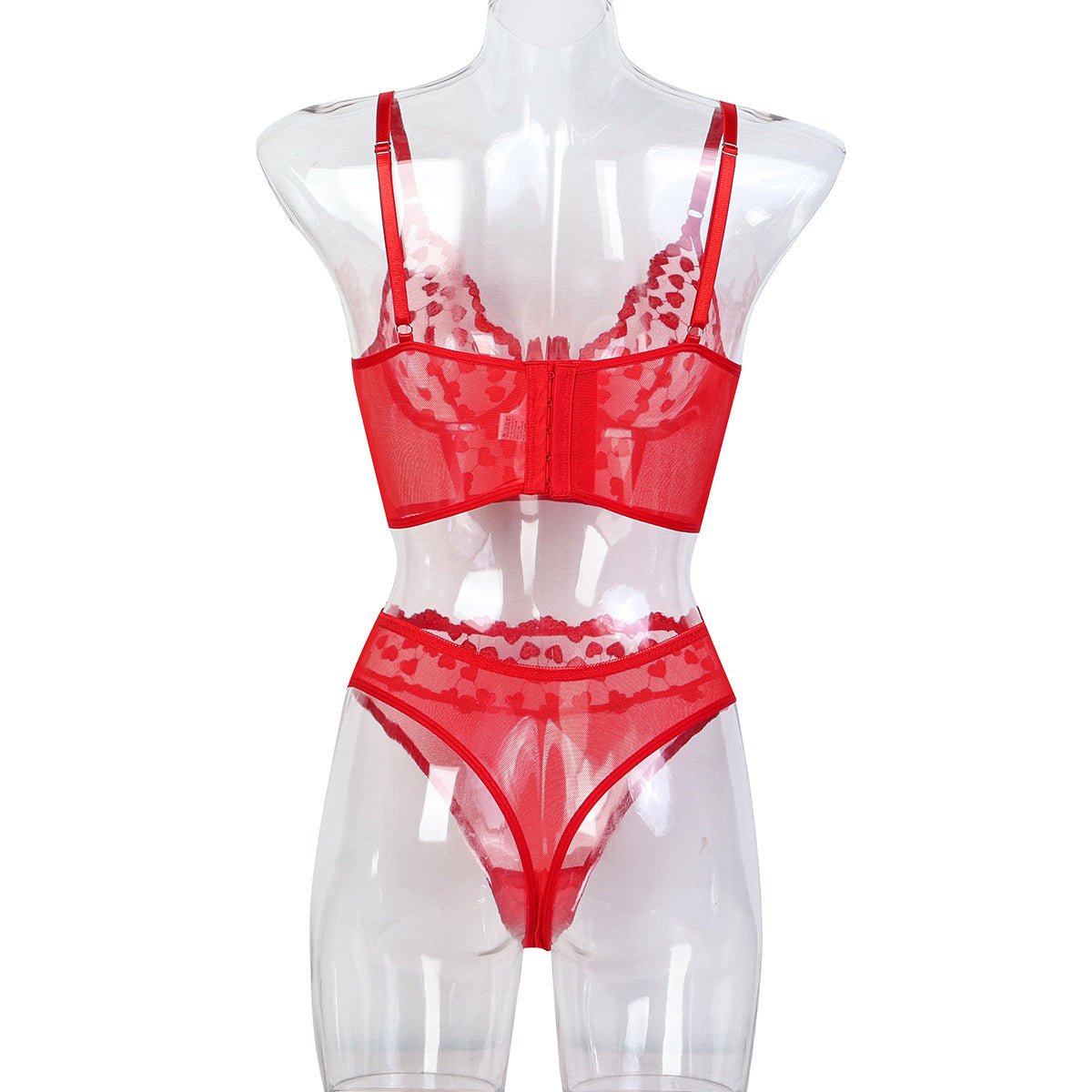 Women Red Heart Print Embroidered Rose Flower Sexy Lingerie Set - BamBam