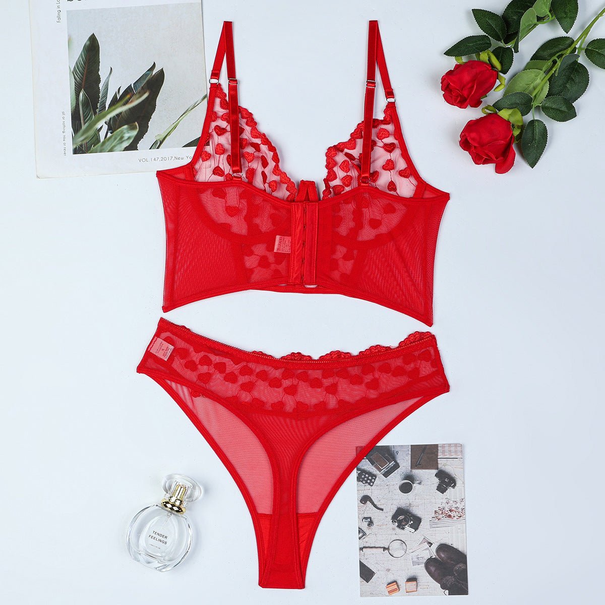 Women Red Heart Print Embroidered Rose Flower Sexy Lingerie Set - BamBam