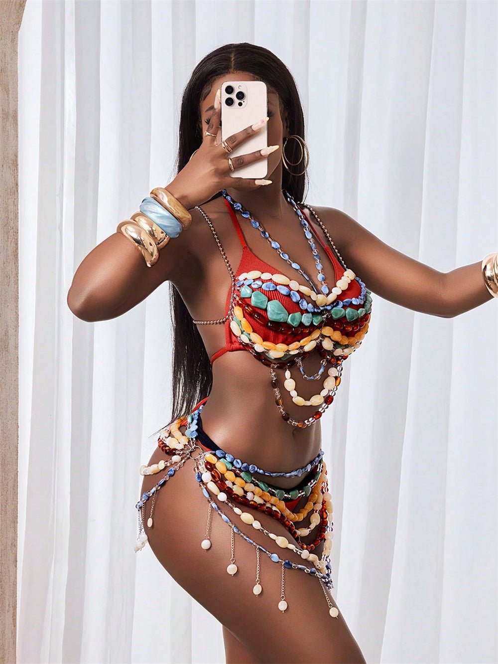 Women sexy beachwear with rice beaded waist chain and belt - BamBam