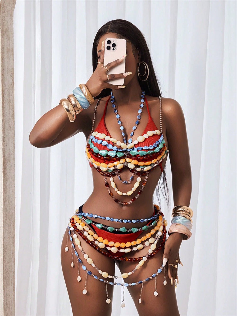 Women sexy beachwear with rice beaded waist chain and belt - BamBam