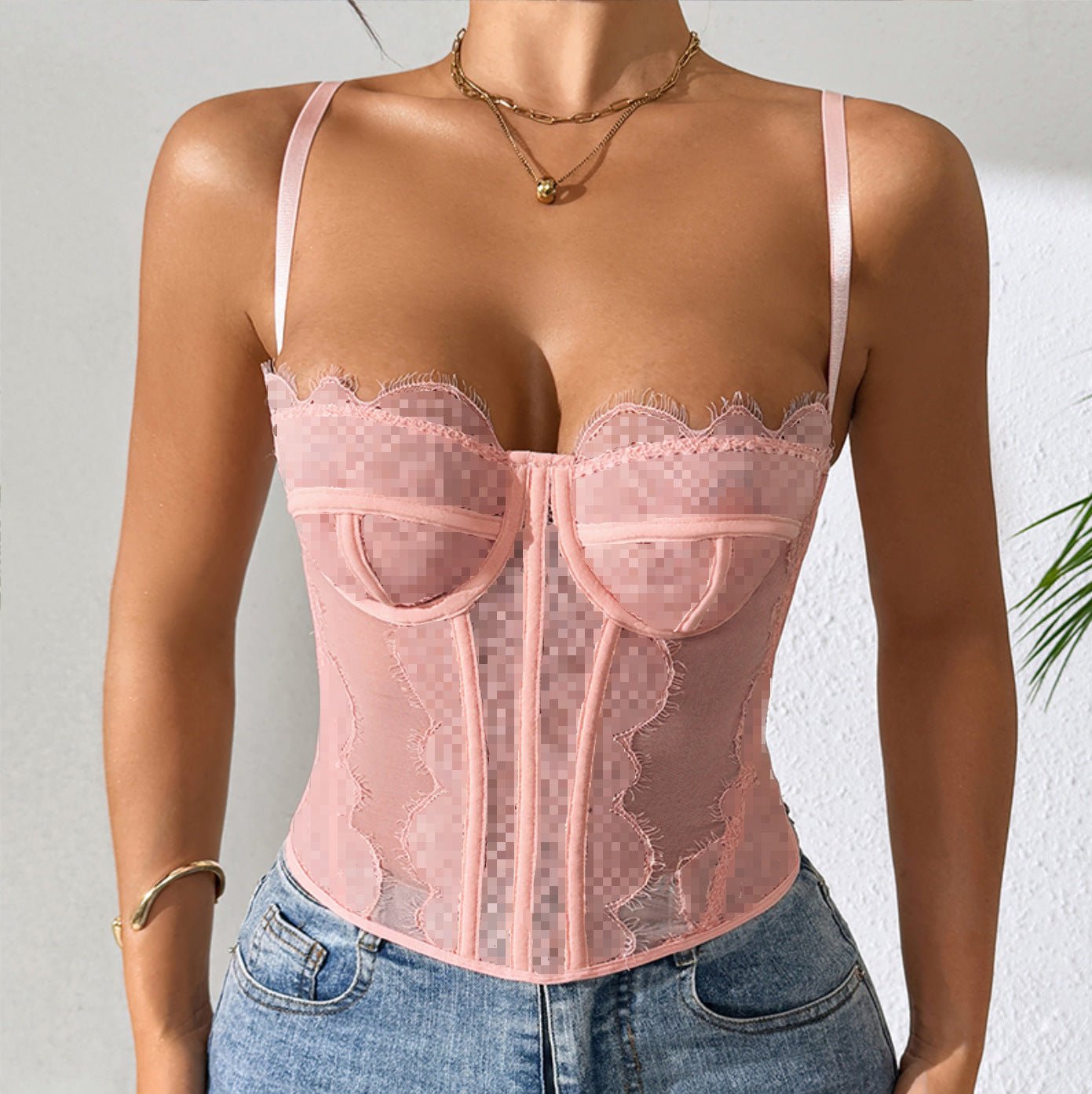 Women sexy fishbone bra, eyelash lace see - through camisole top - BamBam