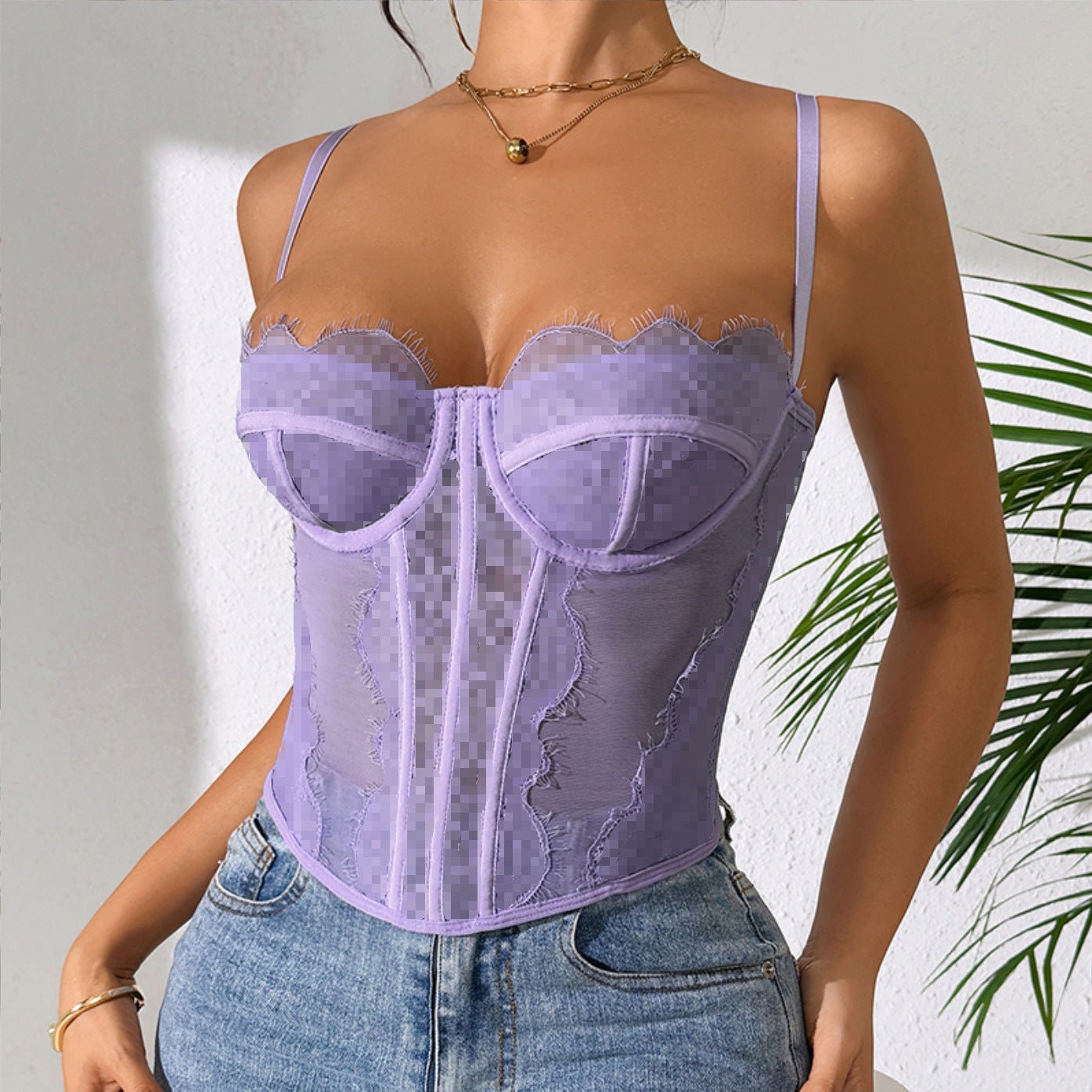Women sexy fishbone bra, eyelash lace see - through camisole top - BamBam
