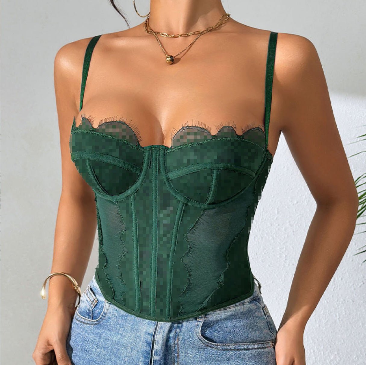 Women sexy fishbone bra, eyelash lace see - through camisole top - BamBam