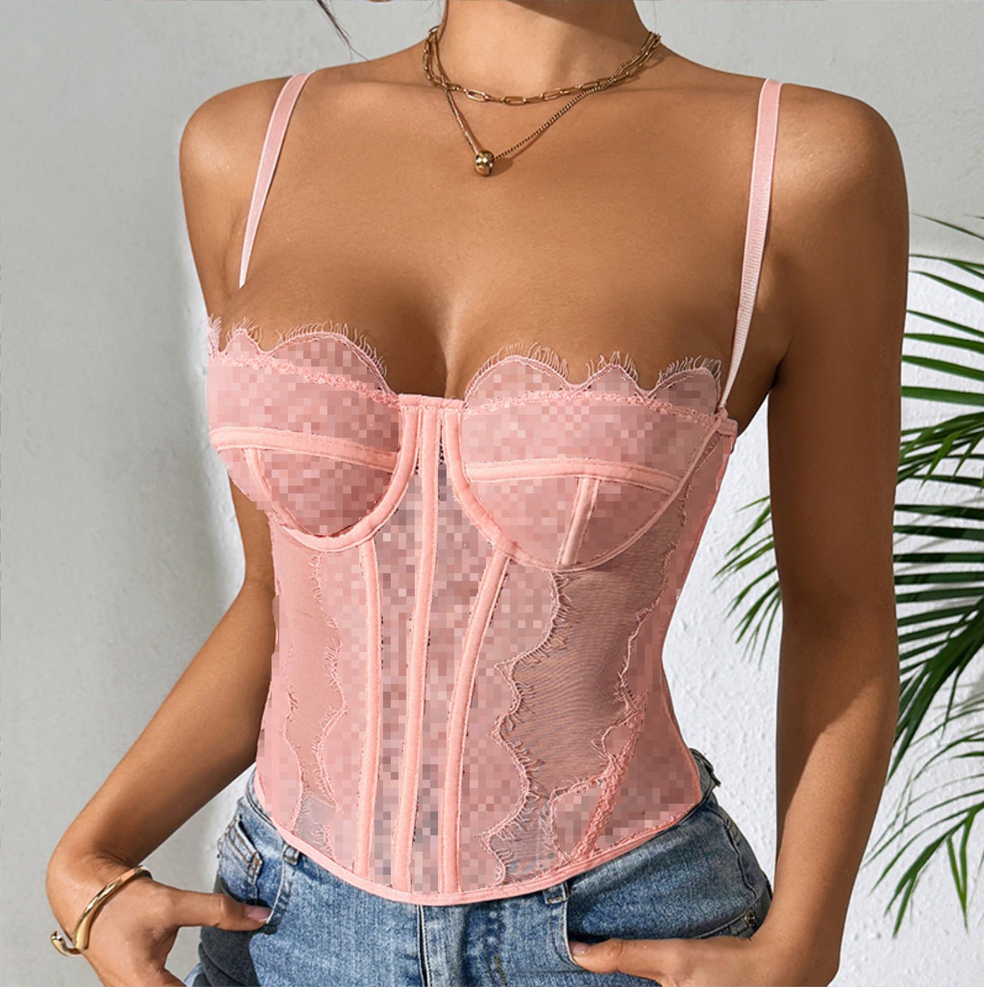 Women sexy fishbone bra, eyelash lace see - through camisole top - BamBam
