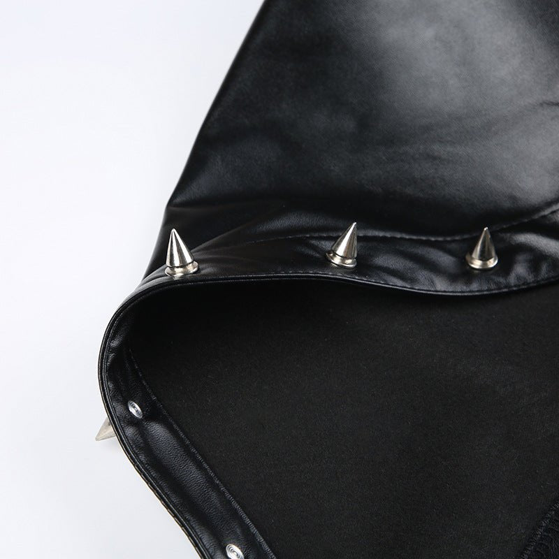 Women Sexy Pu - Leather Backless Lace - Up Riveted Triangle Cup Hooded Vest Top - BamBam