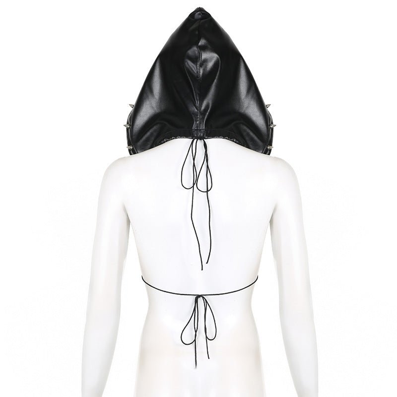 Women Sexy Pu - Leather Backless Lace - Up Riveted Triangle Cup Hooded Vest Top - BamBam