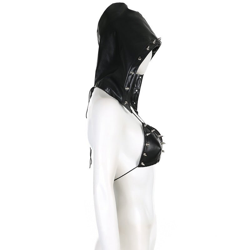 Women Sexy Pu - Leather Backless Lace - Up Riveted Triangle Cup Hooded Vest Top - BamBam