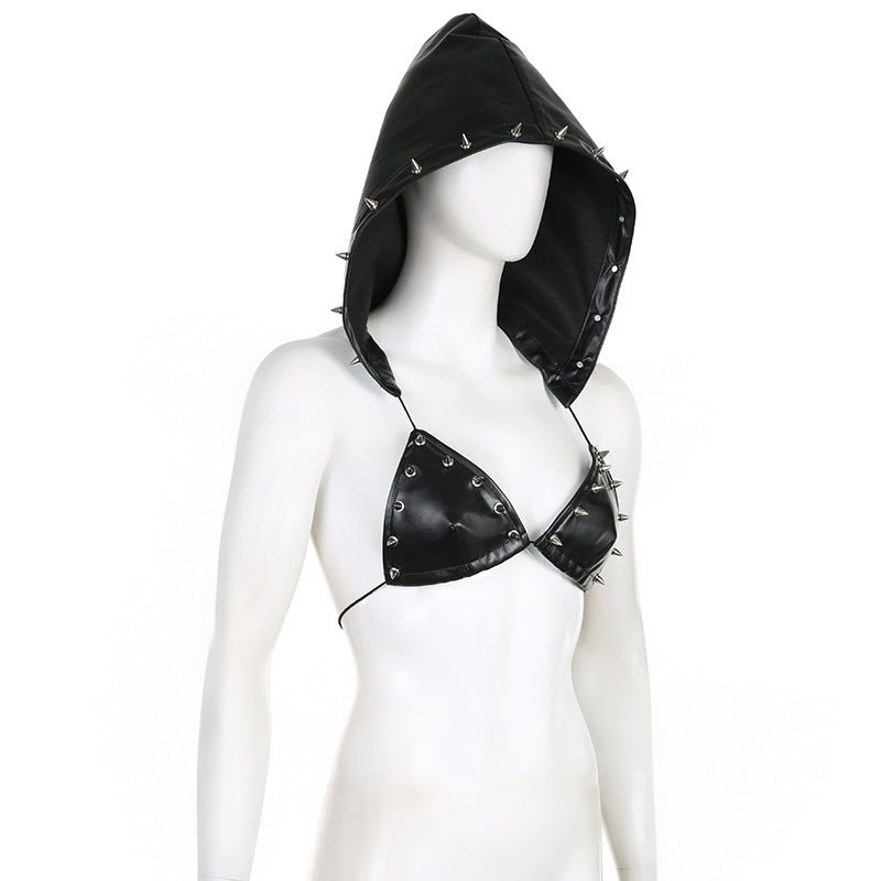 Women Sexy Pu - Leather Backless Lace - Up Riveted Triangle Cup Hooded Vest Top - BamBam
