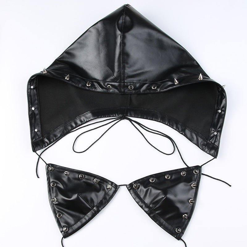 Women Sexy Pu - Leather Backless Lace - Up Riveted Triangle Cup Hooded Vest Top - BamBam