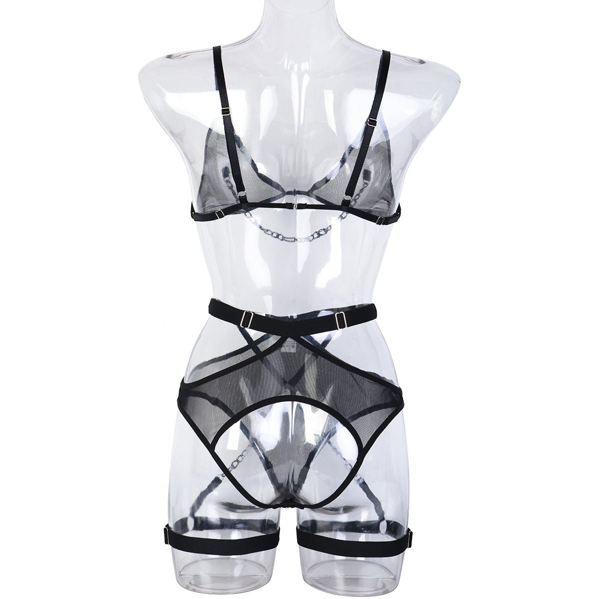 Women Sexy Uniform Thin Mesh See - Through Metal Bracelet Lingerie Set - BamBam