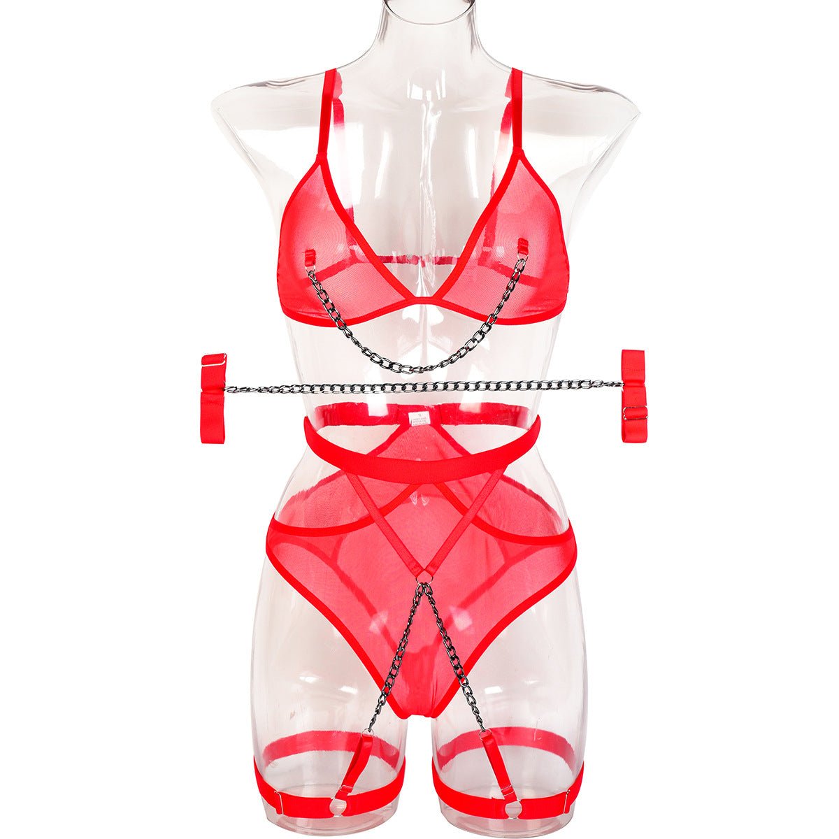 Women Sexy Uniform Thin Mesh See - Through Metal Bracelet Lingerie Set - BamBam