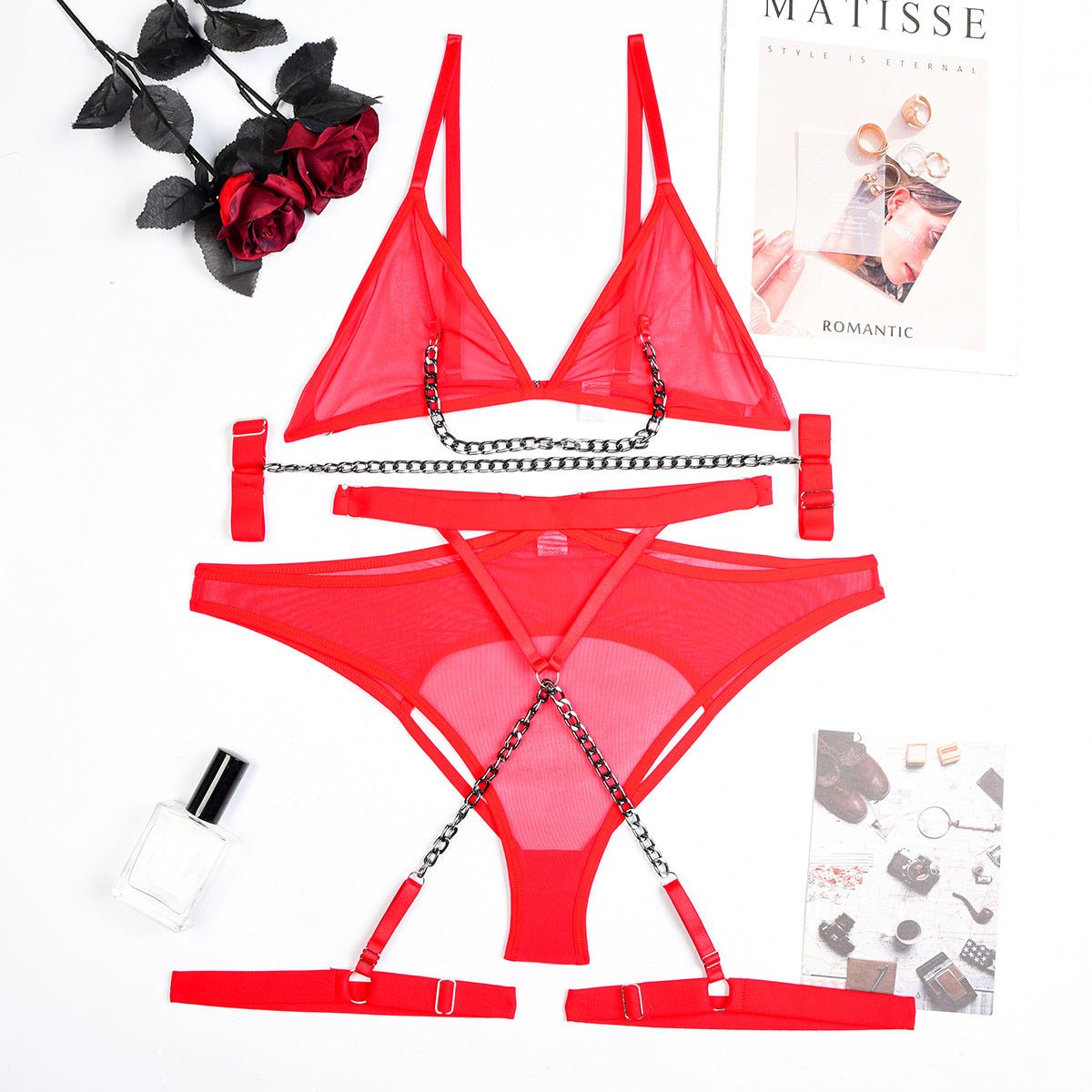 Women Sexy Uniform Thin Mesh See - Through Metal Bracelet Lingerie Set - BamBam