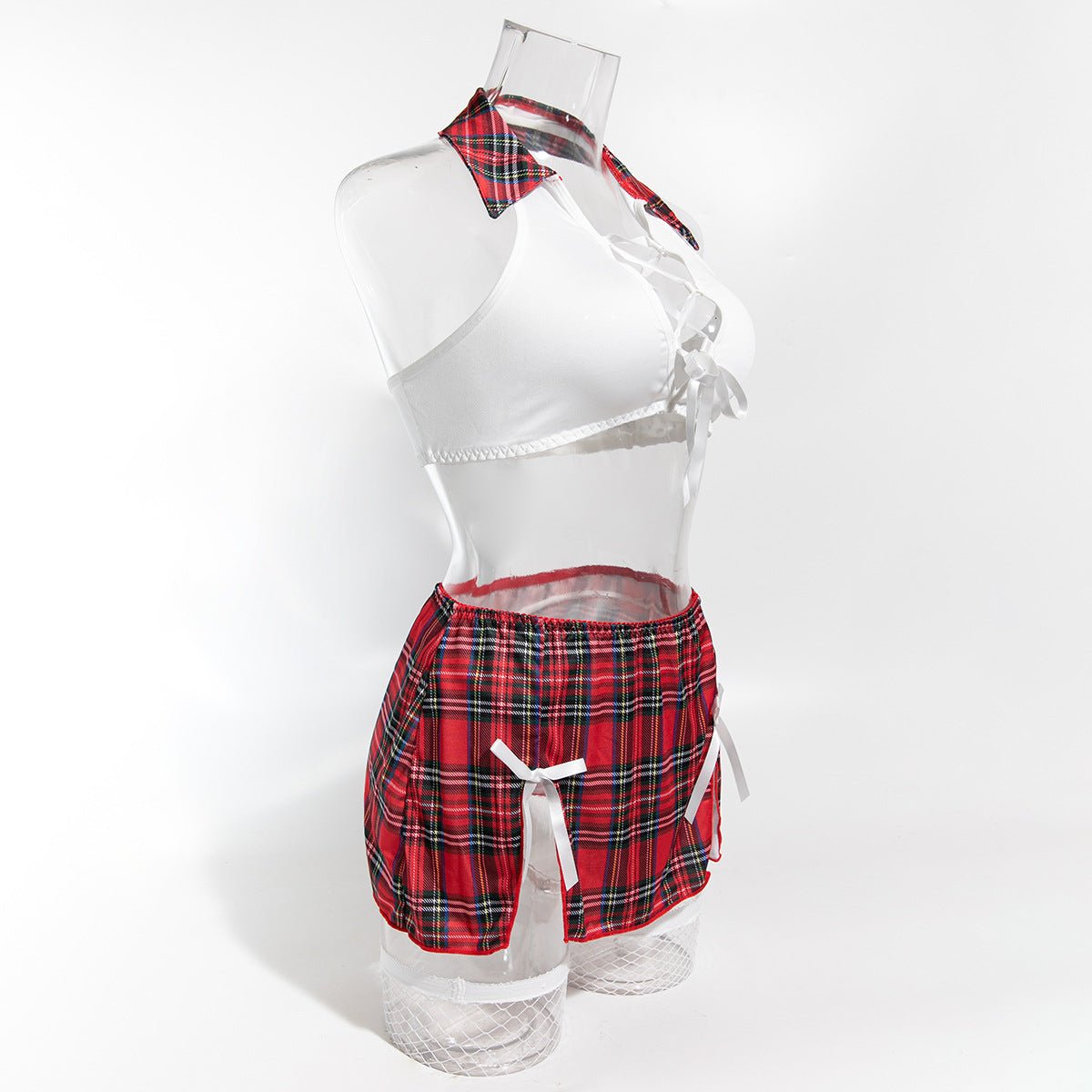 Women's Lingerie Role Play Red Plaid Sexy Low - Cut Lace - Up Four - Piece Set - BamBam