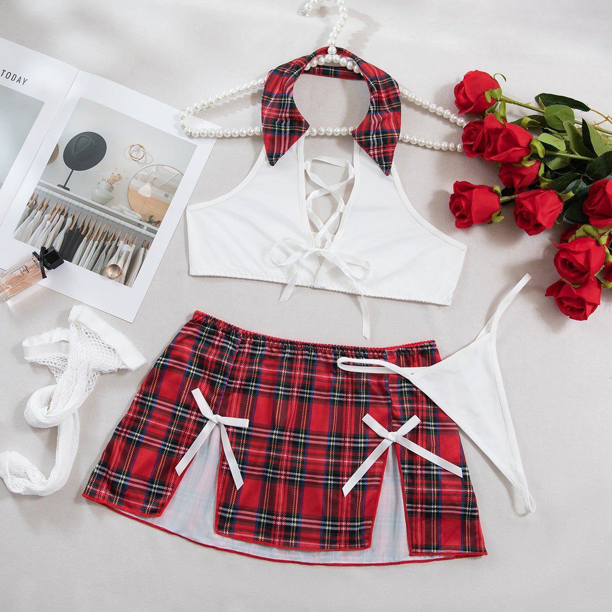 Women's Lingerie Role Play Red Plaid Sexy Low - Cut Lace - Up Four - Piece Set - BamBam