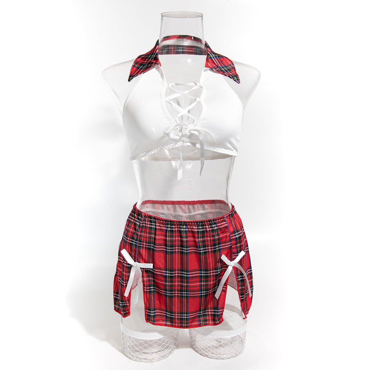 Women's Lingerie Role Play Red Plaid Sexy Low - Cut Lace - Up Four - Piece Set - BamBam