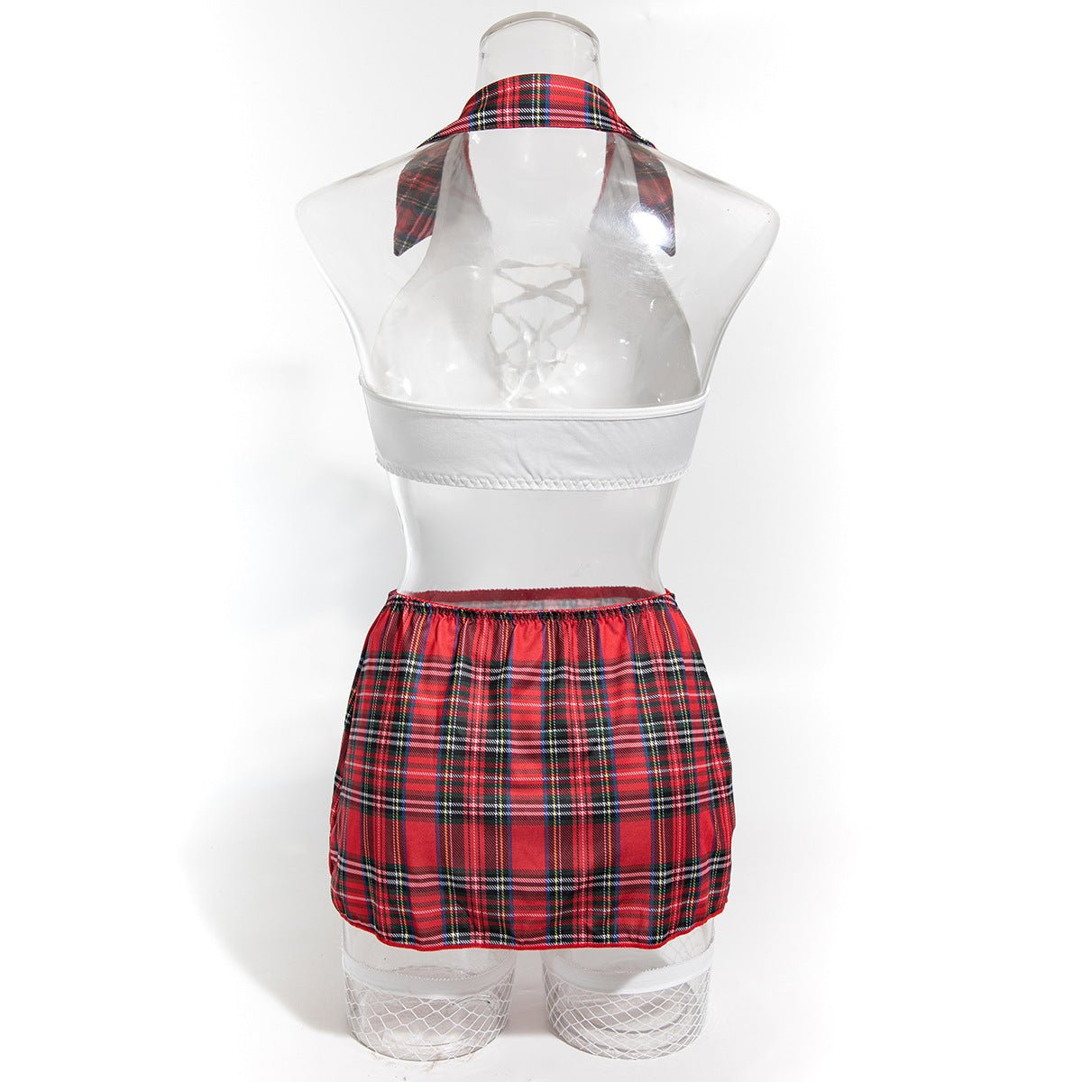 Women's Lingerie Role Play Red Plaid Sexy Low - Cut Lace - Up Four - Piece Set - BamBam