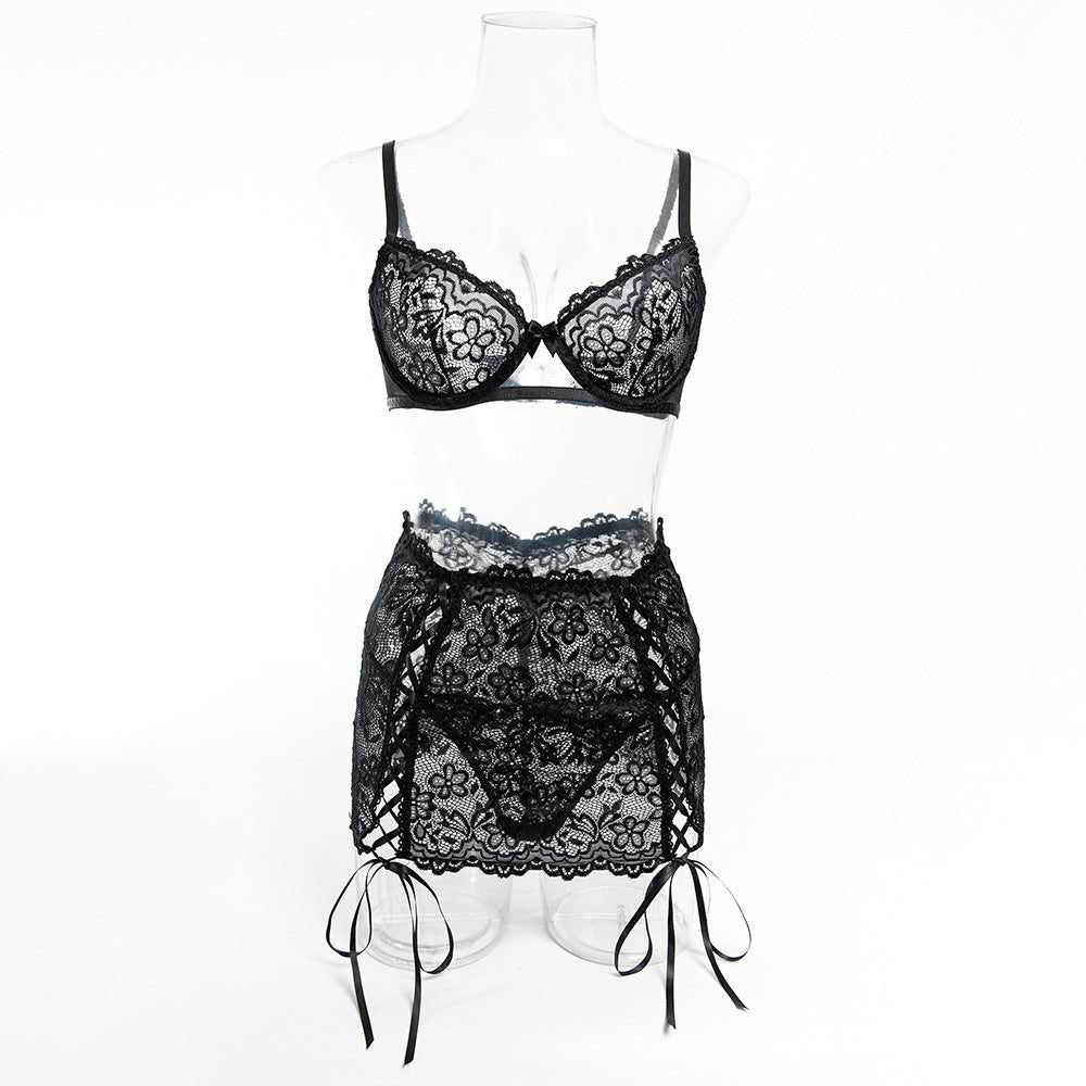 Women's Sexy Lightweight Hollow - Out Underwire Push - Up Lace Bra Drawstring Bodycon Skirt Lingerie Set - BamBam