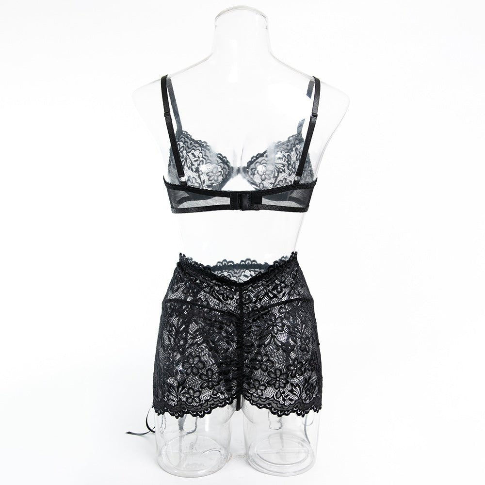 Women's Sexy Lightweight Hollow - Out Underwire Push - Up Lace Bra Drawstring Bodycon Skirt Lingerie Set - BamBam