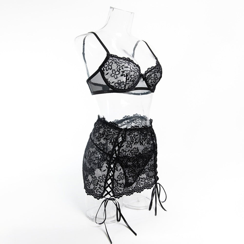 Women's Sexy Lightweight Hollow - Out Underwire Push - Up Lace Bra Drawstring Bodycon Skirt Lingerie Set - BamBam
