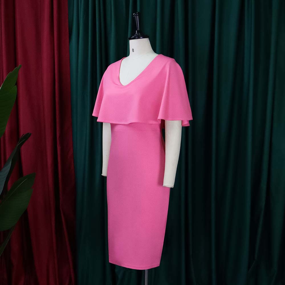 BamBam Women Summer Pink Formal V-neck Cape Sleeve Solid Midi Sheath Office Dress - BamBam