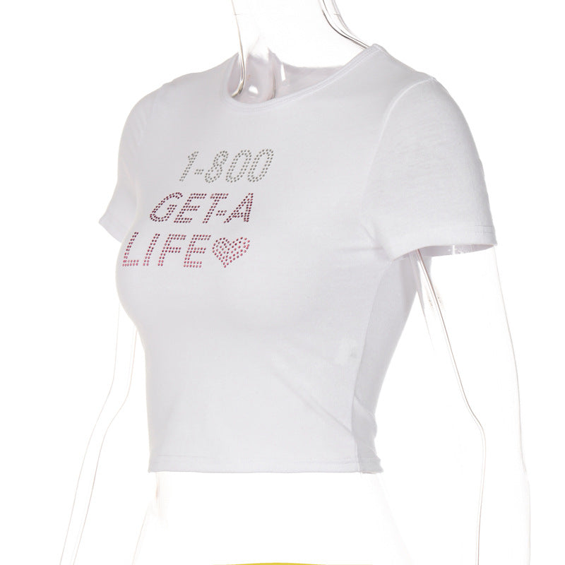BamBam Summer Women's Street Hipster Round Neck Pullover Short Sleeve T-Shirt Letter Beaded Basics Slim Fit Top - BamBam