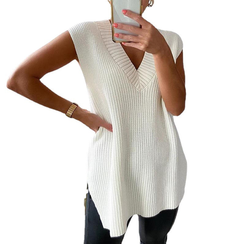 BamBam Fall and winter long-sleeved v-neck sexy pullover loose sleeveless sweater - BamBam