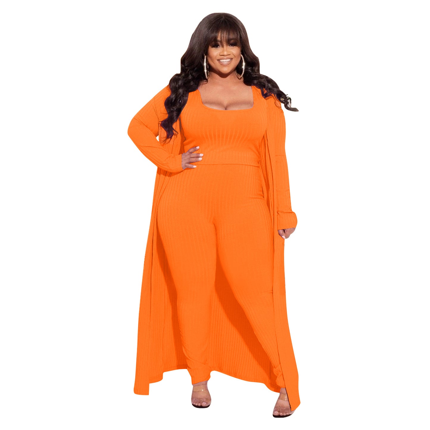 BamBam Autumn And Winter High Stretch Ribbed Three-Piece Plus Size Fashionable And Sexy Pants Set - BamBam