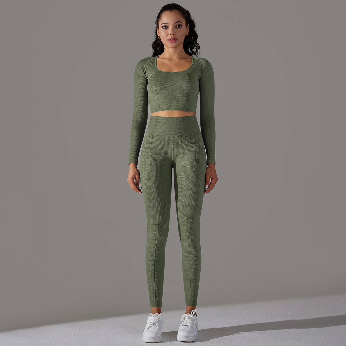 BamBam Seamless Knitting Solid Color Jacquard Low-Cut Tight Fitting Long-Sleeved Yoga Suit Sports Fitness Two-Piece Set - BamBam